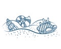 Hand drawn sea shells on the sand. Illustration of blue seashells on a white background. Royalty Free Stock Photo