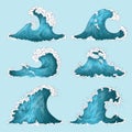 Hand drawn sea wave. Sketch ocean storm waves, marine water splash isolated design elements. Vector cartoon wave set