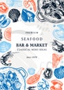 Hand-drawn seafood and fish trendy menu template. Hand sketched cooked sea food illustrations. Collage with shellfish hand-drawing