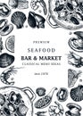 Hand-drawn seafood and fish vector menu template. Hand sketched cooked sea food illustrations. Vintage shellfish hand-drawing. Royalty Free Stock Photo