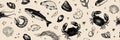Hand-drawn Seafood Icons Create a Vibrant Pattern on a Neutral Background Suitable for Various Design Projects or Royalty Free Stock Photo