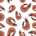 Hand drawn seafood seamless pattern. Shrimp background. Doodle style prawn. Great for banner, poster, menu decor