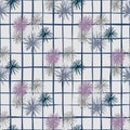 Hand drawn seamess doodle pattern with sea urchin ornament. Grey background with check. Ocean elements on purple and navy blue Royalty Free Stock Photo