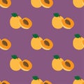 Hand drawn seamless apricot fruit and sliced pattern on purple background. repeating fruit pattern with fruit and leaves