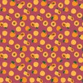 Hand drawn seamless apricot fruit and sliced pattern on red background. repeating fruit pattern with fruit and leaves