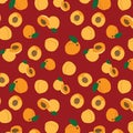 Hand drawn seamless apricot fruit and sliced pattern on red background. repeating fruit pattern with fruit and leaves