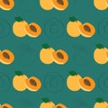 Hand drawn seamless apricot fruit and sliced pattern on turquoise background. repeating fruit pattern with fruit and leaves