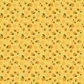 Hand drawn seamless apricot fruit and sliced pattern on yellow background. repeating fruit pattern with fruit and leaves
