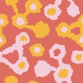 Hand drawn seamless atomic pattern with geometric abstract shapes in red orange yellow colors. Mid century modern