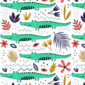 Hand drawn seamless background with crocodiles and flowers