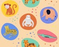 Hand drawn seamless background with monkeys, sloths, elephans, leopards, crocodiles and tigers