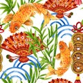 Hand drawn seamless background pattern inspired by chinese Korean and Japan kimono yukata background backdrop watercolor gouache