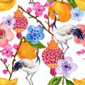 Hand drawn seamless background pattern inspired by chinese Korean and Japan kimono yukata background backdrop watercolor gouache
