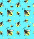 Hand-drawn seamless cartoon fireflies bugs design.