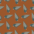 Hand drawn seamless cartoon pattern with grey simple birs silhouettes. Brown background