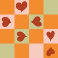 Hand drawn seamless checks checkered checkerboard pattern with red hearts st valentine day print. Orange green pink
