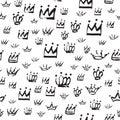 Hand drawn seamless Crown pattern in black color isolated on white. Royalty Free Stock Photo