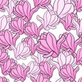 Hand drawn seamless doodle pattern with abstract random pink outline magnolia flowers print