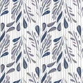 Hand drawn seamless doodle pattern with blue colored foliage shapes. Light striped background. Doodle backdrop Royalty Free Stock Photo