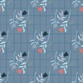 Hand drawn seamless doodle pattern with tulip silhouettes. Blue chequered background. Pink and navy flower buds Royalty Free Stock Photo