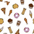 Hand-drawn seamless fast food pattern. Vector illustration.