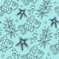 Hand drawn seamless fish pattern with starfish, bubbles and seaweed on blue color background Royalty Free Stock Photo