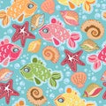 Hand drawn seamless fish pattern with starfish, bubbles, shells. Colorful Vector background with cartoon fishes for kids Royalty Free Stock Photo