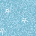 Hand drawn seamless fish pattern with starfish, bubbles, shells and seaweed on blue color background Royalty Free Stock Photo
