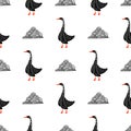 Hand-drawn seamless goose pattern. Engraved illustration style. Template for your design work.stylized bird with a folk