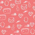 hand drawn seamless graphic pink pattern of girl stuff woman things fashion vector object. Lady accessories background.