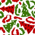 Hand drawn seamless green red christmas leopard pattern with christmas tree, festive wild cheetah background, animal fur