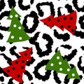 Hand drawn seamless green red christmas leopard pattern with christmas tree, festive wild cheetah background, animal fur