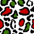 Hand drawn seamless green red christmas leopard pattern, festive wild cheetah background, animal fur skin print