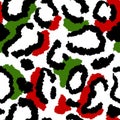 Hand drawn seamless green red christmas leopard pattern, festive wild cheetah background, animal fur skin print