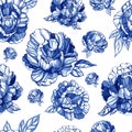 Hand drawn seamless ink peoniy pattern. Graphic illustrations for design projects