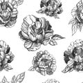 Hand drawn seamless ink peoniy pattern. Graphic illustrations for design projects