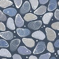 Hand Drawn Seamless Oysters and Pearls Line Pattern on Blue