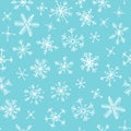 Hand drawn seamless pattern. Blue on white background. Abstract doodle drawing snowflake. Vector art illustration snow Royalty Free Stock Photo