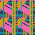 Hand drawn seamless pattern with abstract geometric 1980s 80s bold colorful print. Funky memphis hipster pink teal navy