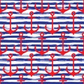 Hand drawn seamless pattern. Anchors on striped