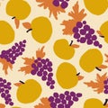 hand drawn seamless pattern with apples fruits purple grapes in simple minimalist shape design for food labels packaging Royalty Free Stock Photo