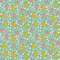 Hand drawn seamless pattern with apples pears fruits on pastel green background in simple ditsy shape design for food Royalty Free Stock Photo