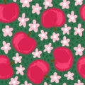 Hand drawn seamless pattern with apples red fruits with pink flowers on green background painted in simple minimalist Royalty Free Stock Photo