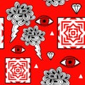 Hand drawn seamless pattern with artistic design elements and doodle eyes. Royalty Free Stock Photo