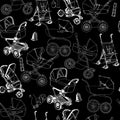 hand drawn seamless pattern of baby prams, carriages and strollers. Baby walker. Template for wrapping