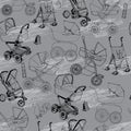 hand drawn seamless pattern of baby prams, carriages and strollers. Baby walker. Template for wrapping
