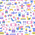 Hand drawn of seamless pattern baby toy with game console, duck, truck, stick, phone, robot, piano, trumpet, drum, dinosaur,
