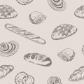 Hand-drawn seamless pattern.Background of the bakery product sketch. Vintage food illustration for a store, bakery,wallpaper,