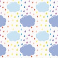 Hand drawn seamless pattern background with colorful watercolor drops and clouds. For kids.