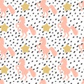 Hand drawn seamless vector pattern background illustration with black confetti and pink unicorn and gold stars